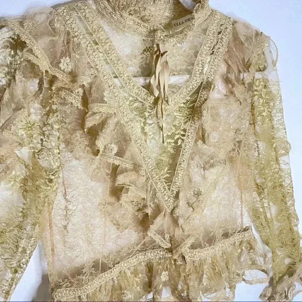 NWT Ulla Johnson Yves Metallic Gold Floral Lace Blouse - Picture 5 of 12